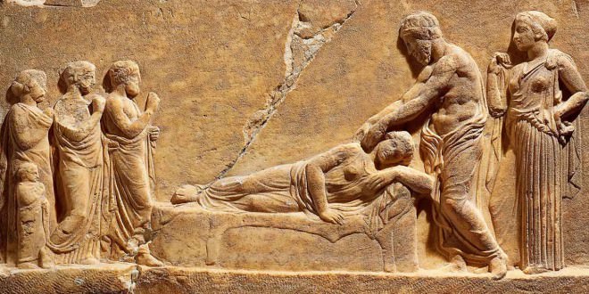 Tavoletta votiva con scena di "sonno incubatorio": la malata, distesa, è assistita dal dio Asclepio e da Igea, la sua paredra (thereef.it)