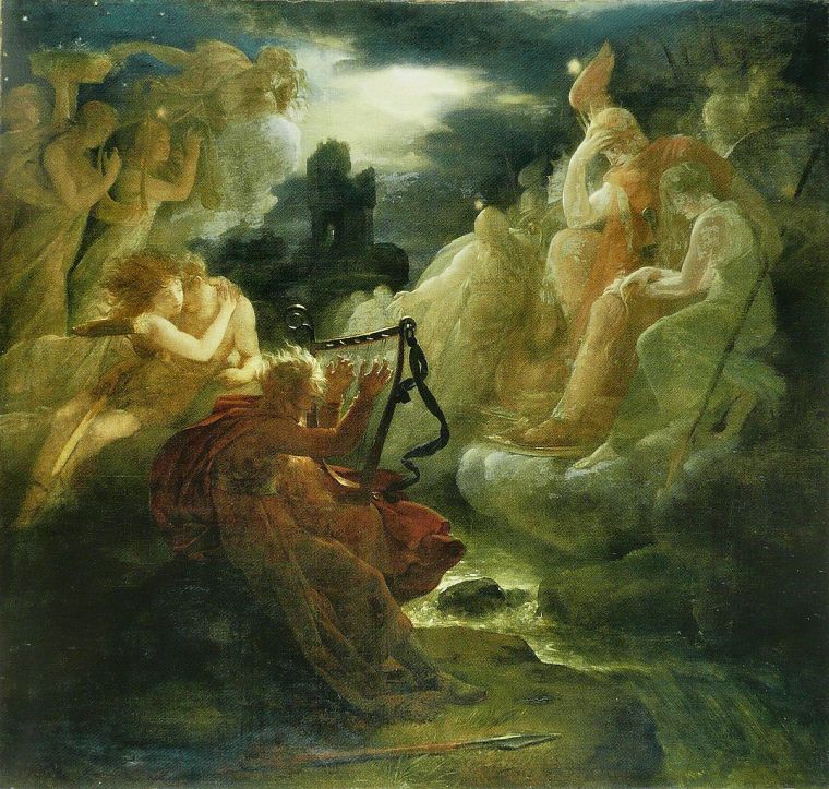 "Ossian évoque les fantômes au son de la harpe sur les bords du Lora", dipinto di F. Gérard (fine XVIII-inizi XIX sec.)