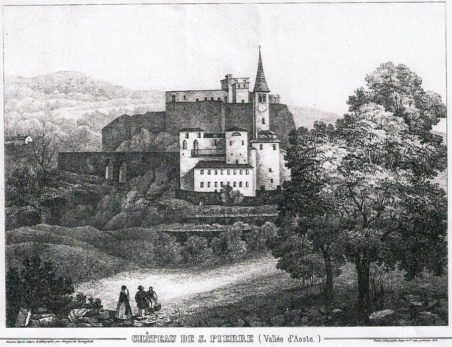 Veduta del castello di Saint-Pierre prima degli interventi in stile neogotico (stampa di E. Aubert, 1860)