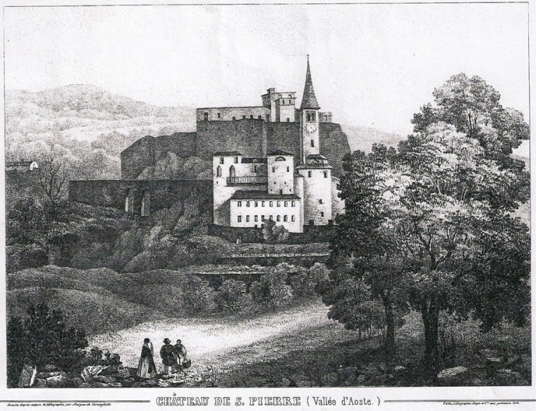 Veduta del castello di Saint-Pierre prima degli interventi in stile neogotico (stampa di E. Aubert, 1860)